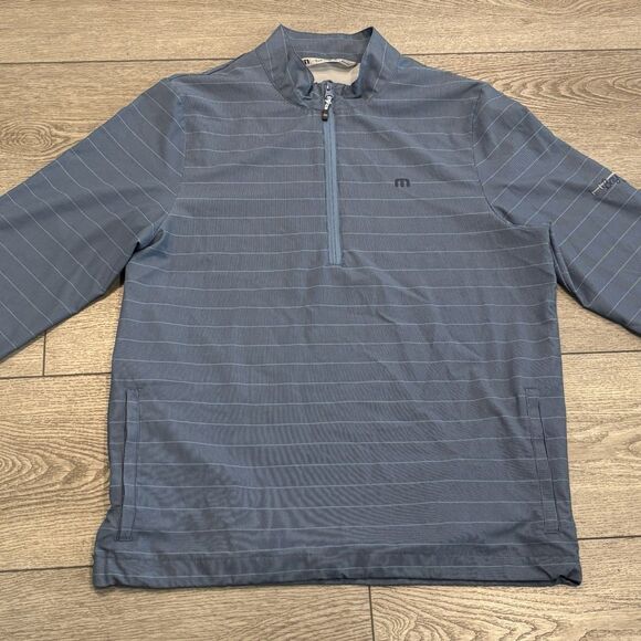 Travis Mathew Golf Jacket Mens Medium Blue Striped Half Zip Athletic Preppy - Picture 2 of 9